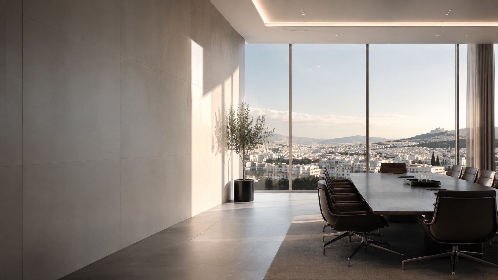 Modern SAVVIDIS corporate boardroom overlooking the city